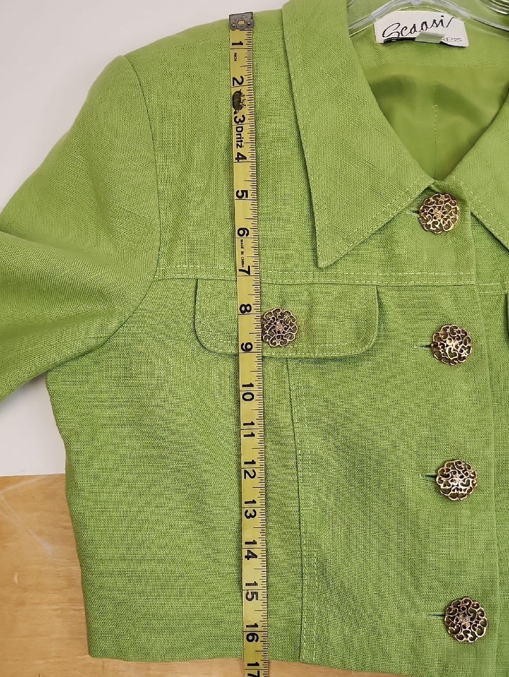 Scaasi Lime Green Linen Cropped Jacket Textured Button Blazer Size 12 - Picture 16 of 16